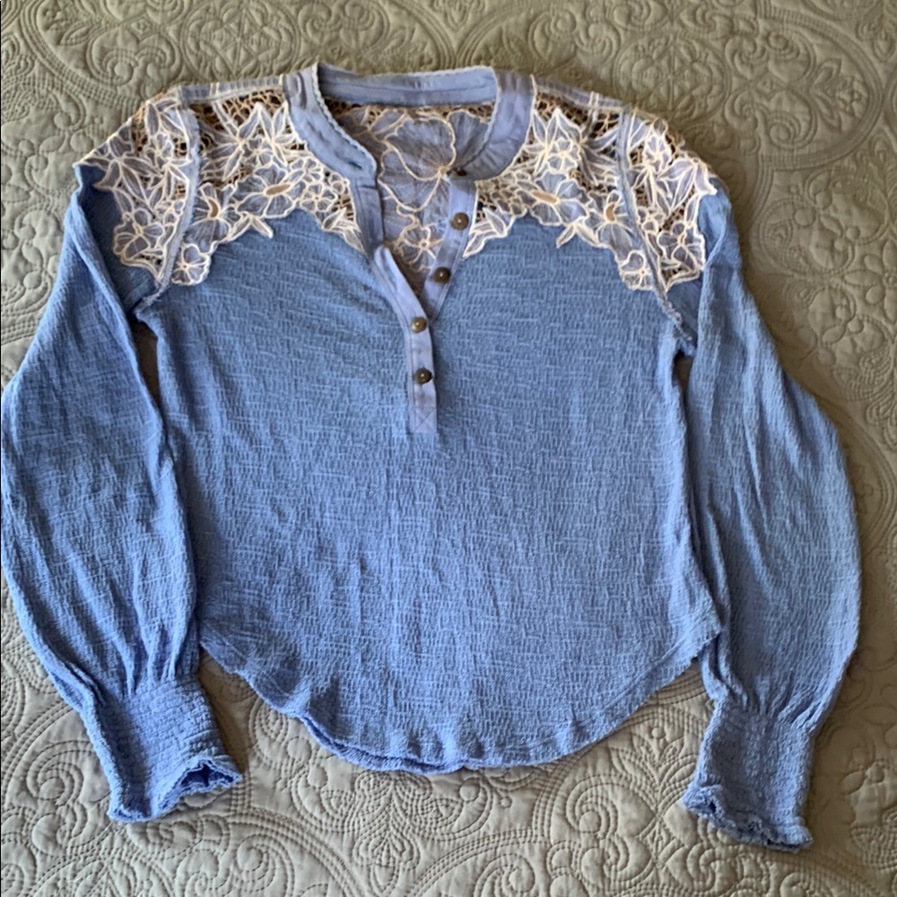 Free PeopleBlue Lace Detail Women's Top, S